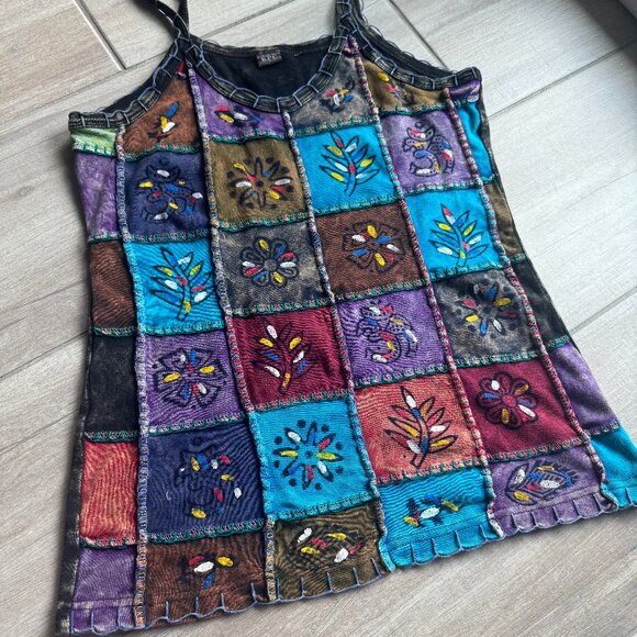Patchwork Boho Hippie Multicolor Women's Tank Top - Size Large - Picture 2 of 4